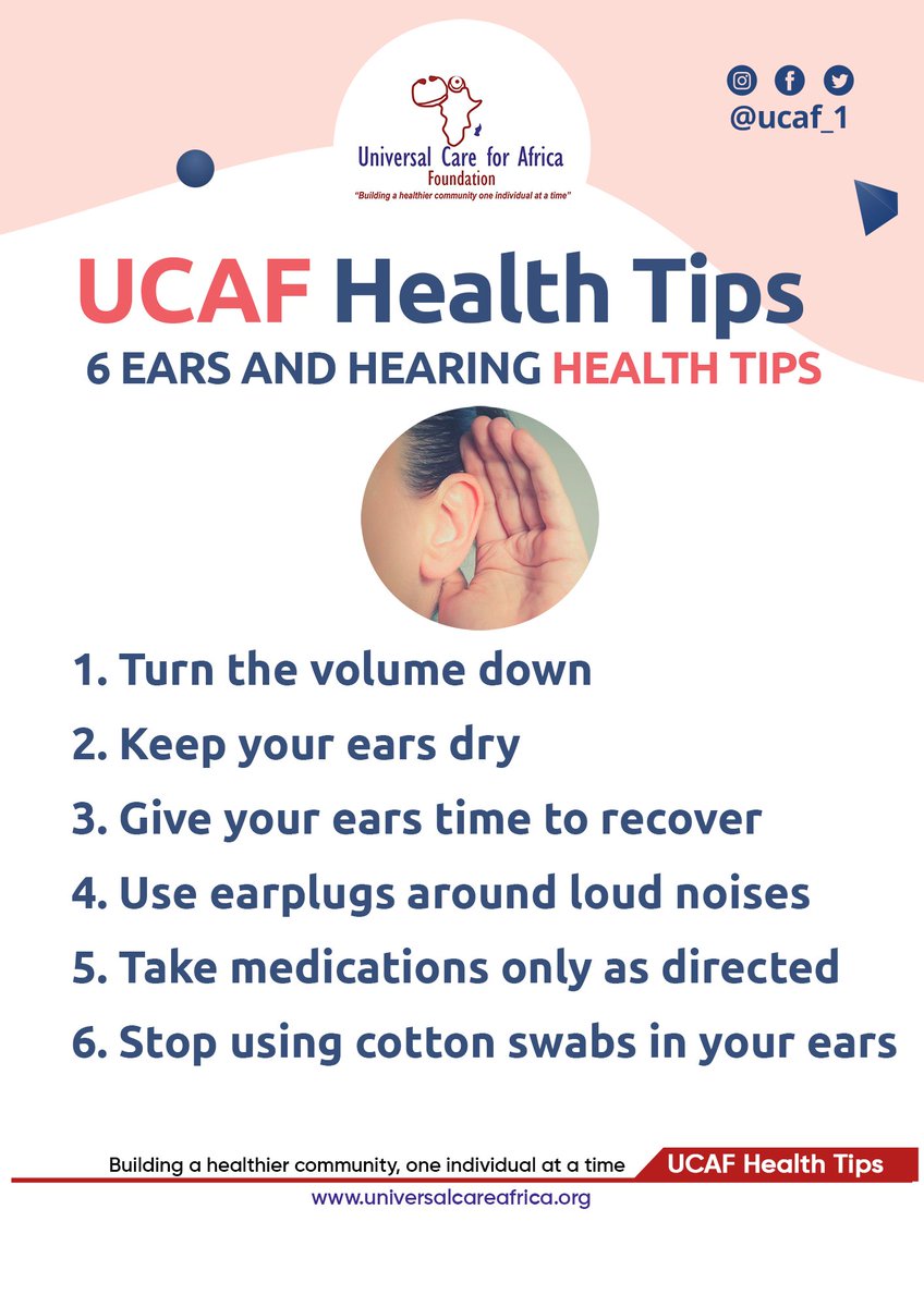 ucaf_1's tweet photo. UCAF Friday Health Tips
Do not wait until it's too late to start taking care of your ears! Here are six easy ways to protect your ears and your hearing health.
#healthtips #hearinghealth #healthpromotion #healtheducation https://t.co/njmbXFNOfn