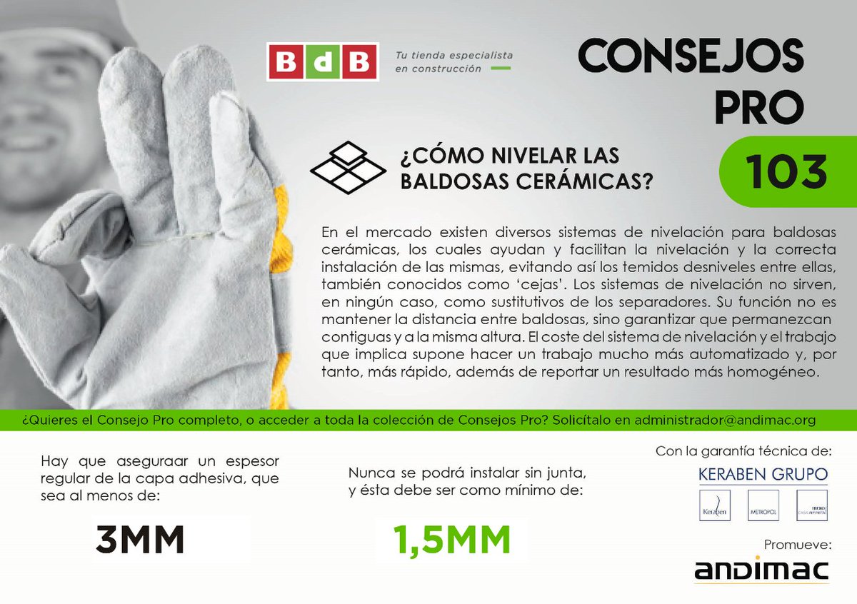 Grupo_BdB's tweet photo. 👷🏻‍♀️👷🏻‍♂️ #ConsejoPRO 

Para la correcta instalación de las baldosas cerámicas y evitar las temidas “cejas” recuerda que:
☛ Debes asegurar un espesor regular de la capa adhesiva, que sea al menos de 3mm.
☛ Nunca se podrá instalar sin junta y ésta debe ser como mínimo de 1,5mm. https://t.co/pnHl2mtZjm