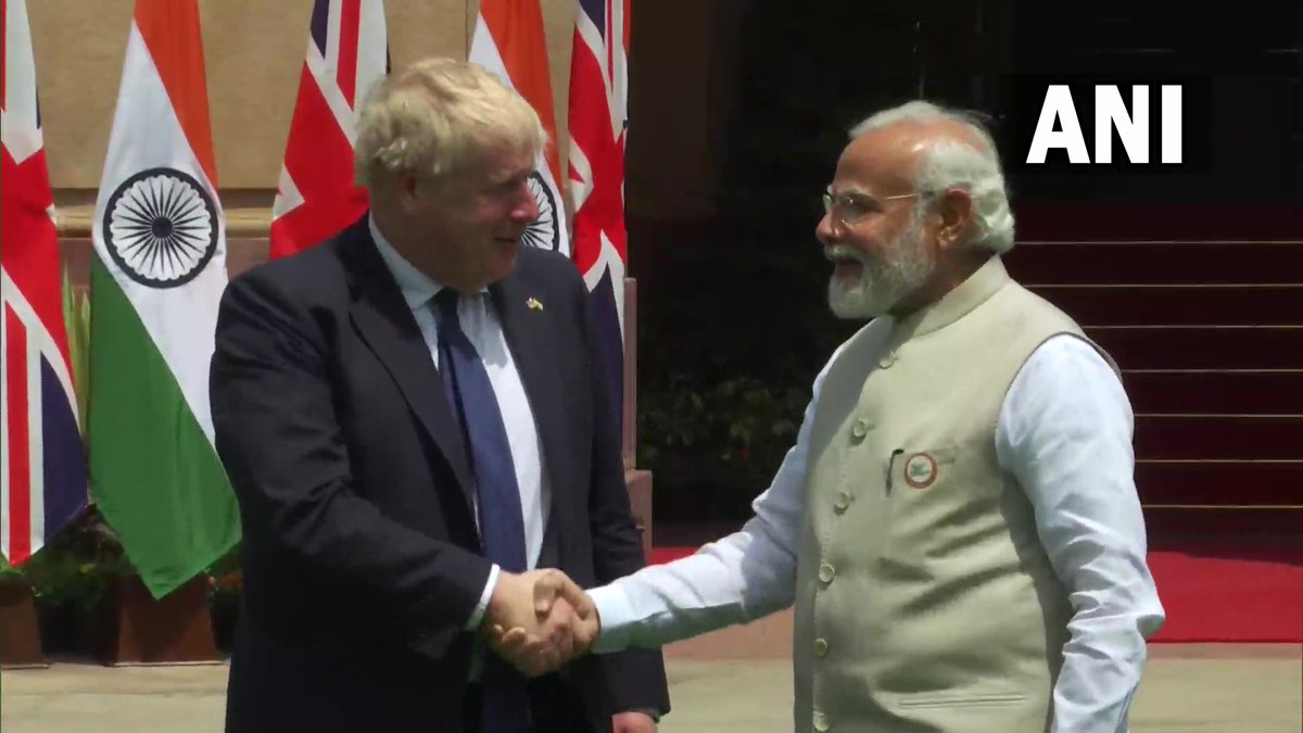 ANI's tweet photo. Delhi | Prime Minister Narendra Modi &amp; British PM Boris Johnson arrive at Hyderabad House to hold talks 

Source: DD https://t.co/mE51TS7XTc