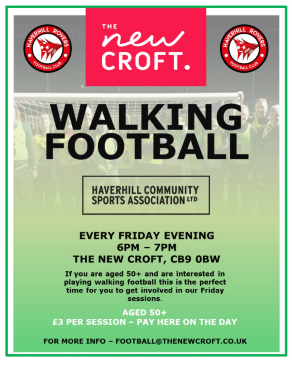 ⚽Walking Football Tonight 👣

Age 45+ come and join us at our walking football session tonight at The New Croft ⚽

Stay healthy ✔
Keep fit ✔
Make friends ✔

🕐6-7pm
📍The New Croft , CB9 0BW
💷£3.00 per session

See you tonight ⚽