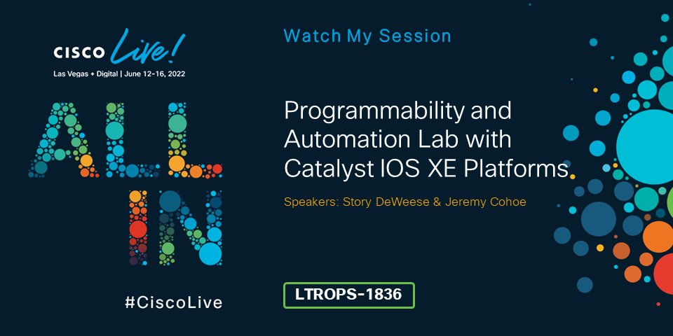 StoryDeWeese's tweet photo. Join me and @jeremycohoe at the #CiscoLive Las Vegas  LTROPS-1836 lab on 6/16 at 8am to learn about #CiscoCatalyst IOS XE programmability, automation and the full suite of API and streaming telemetry with #yangsuite https://t.co/y9WDvk5YOy