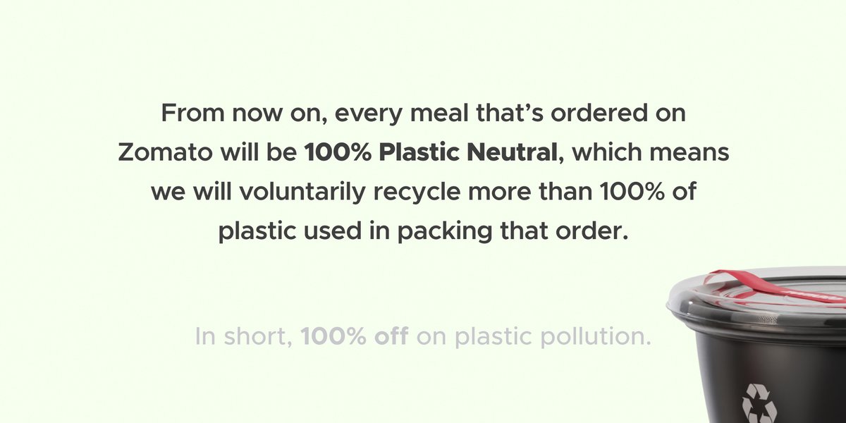 deepigoyal's tweet photo. Starting today, we will recycle 100% plastic used for food delivery packaging on Zomato orders. Also, over the next 3 years, we’ll help cut down the plastic footprint of the restaurant sector. 

Read more here – https://t.co/rjiglBpIn8 https://t.co/OaZe18u4jJ
