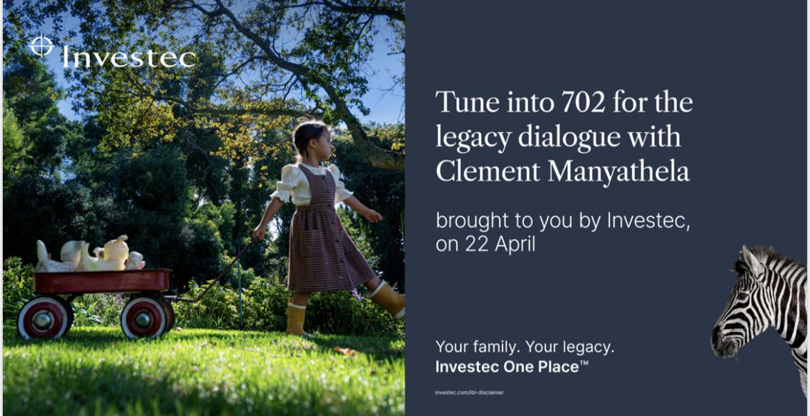 What does Legacy mean to you?
 
This morning, on <a href="/Radio702/">702</a> with <a href="/TheRealClementM/">Clement Manyathela</a> , we are igniting the national dialogue around Legacy with a conversation brought to you by <a href="/Investec/">Investec</a> 
Join me, alongside a panel of thought leaders from 10h00
#InvestecLegacy