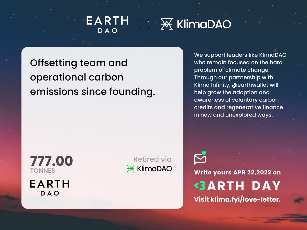 KlimaDAO's tweet photo. By retiring 777 tonnes of carbon, @EarthDA0 have offset their emissions, and written a Love Letter to the Planet 💌

Learn more at https://t.co/pEngVmovdp https://t.co/LIRw3ezgyv