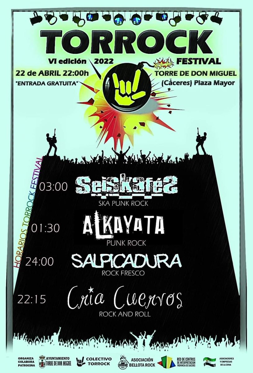 Esta noche tenemos el primero de los eventos Belloteros del año el #Torrock en Torre de don Miguel en plena Sierra de Gata.
Os dejamos los horarios 👇👇
<a href="/salpicadurarock/">salpicadurarock</a> <a href="/AlkayataOficial/">Alkayata</a> @Seiskafes @criacuervos