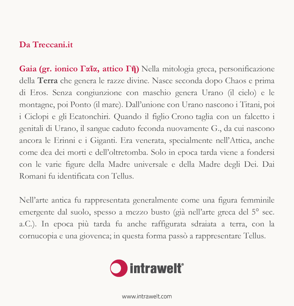 🌍 Nella #GiornataMondialeDellaTerra abbiamo deciso di ricordare le origini del nostro #pianeta e del suo nome, dalle radici più profonde della cultura greca. Chiamare il mondo con il suo #nome è il primo passo per salvaguardarne l'esistenza.
#EarthDay #Gaia #SaveThePlanet