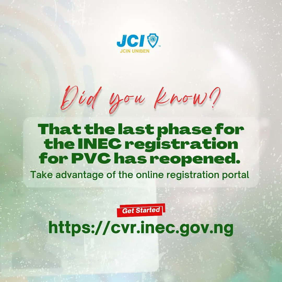 jci_uniben's tweet photo. You have a role to play in determining who leads you, but this won't be possible if you don't have a PVC to vote in the coming elections.
To get started, click the link below
https://t.co/Aga2FVxYzL
#ONELegacy
#GetYourPVC
#YourPvcYourVoice https://t.co/kU24sPdRFn