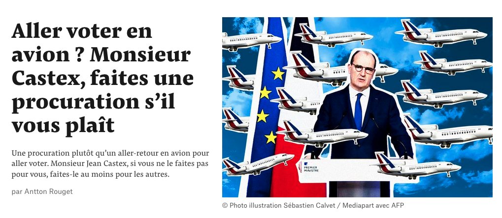AnttonRouget's tweet photo. 💸Entre 10 et 20000€ d’argent public jetés par la fenêtre.

✈️Plus de 4,37 tonnes de CO2 émis, soit l’équivalent de 6 mois de conso moyenne.

Voilà ce qu’aura coûté le vote de @JeanCASTEX en Falcon au 1er tour 👇
https://t.co/7cF7kEOTaX @Mediapart https://t.co/b5p6tLcduq