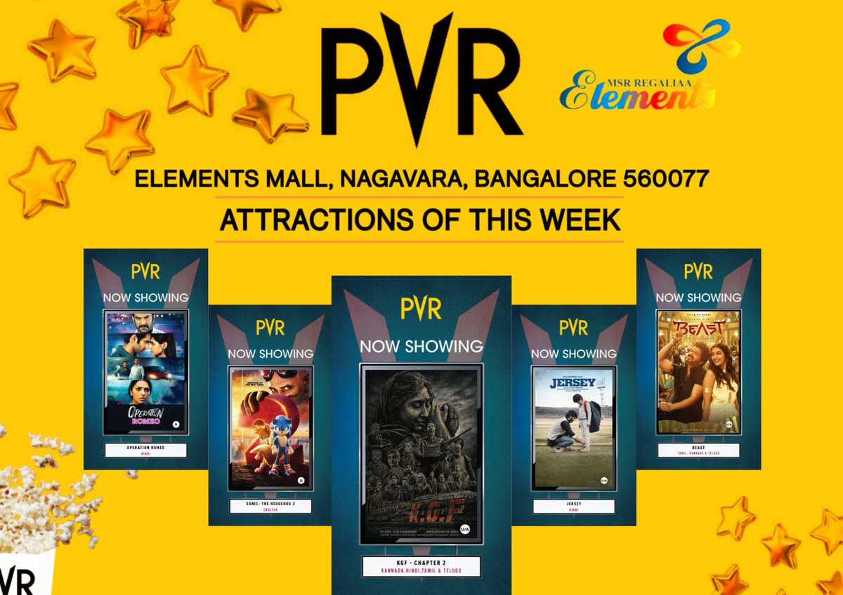 ElementsMall's tweet photo. Are you ready to experience this week PVR movies?
Book your tickets now PVR CINEMAS Elements Mall ...!!!
#jersey #KGFChapter2 #Beast #Sonic #OperationRomeo #ElementsMall #Nagavara #Bangalore https://t.co/V2UtrR26DM