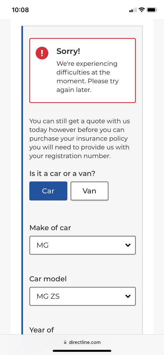 FNKD's tweet photo. @DirectLine can you fix your website please. Trying to do a quote for an electric car but every time I get this error when selecting the model. Been happening for a couple of weeks. https://t.co/JwuKFM5zLF
