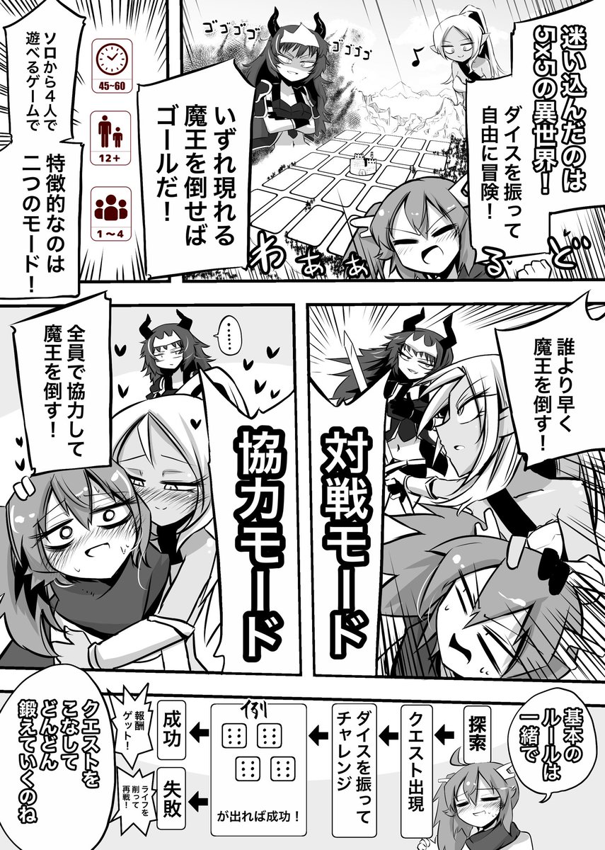 六角えんぴつ@hatituki003 さまの作品、「オレとオマエの異世界転生REBOOTの紹介漫画を描かせていただきました!
明日のゲームマーケットにも出展されるそうです!
ステータスを上げてダイスで戦う爽快なシステムで、ソロでも協力でも対戦でも何度も遊べます!!!! 
