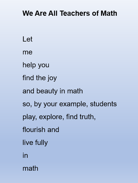 fox_sanfox's tweet photo. My most recent homework was to examine my learning over my Masters degree and how it informs my positionality. I did my thinking through writing poetry. This is a poem (Fibonacci based) inspired by @mathyawp #Math4HF that developed in connecting my learning and my job: https://t.co/jyWcUKI5qs