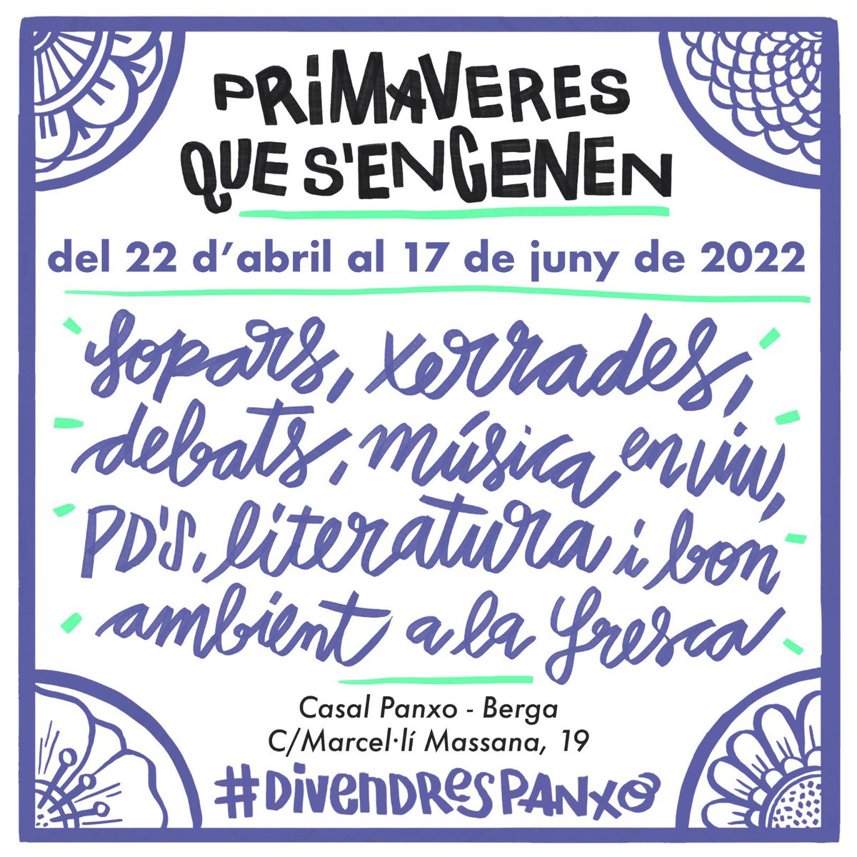 Eiiii! No us despisteu, que avui donem el tret de sortida als #DivendresPanxo 

A les 20 h arranquem amb el taller de punts de llibre, seguit d’un magnífic sopar popular i tancant amb la gran actuació de Las Adelitas.

Llarga vida a la cultura alternativa ❤️✊🏼