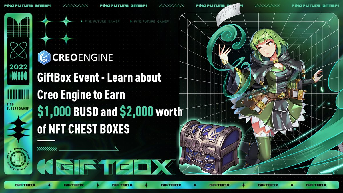 🚀Find Future #GameFi Hackathon Theme Day Series Campaigns🌟GiftBox Event - Learn about <a href="/creo_engine/">Creo Engine</a>💫

😍Let's participate in it to win $1,000 BUSD and $2,000 worth of NFT CHEST BOXES ‼️

➡️Participate here:  gleam.io/mixDy/giftbox-…

➡️Learn more here: docs.nextype.finance/find-future-ga…