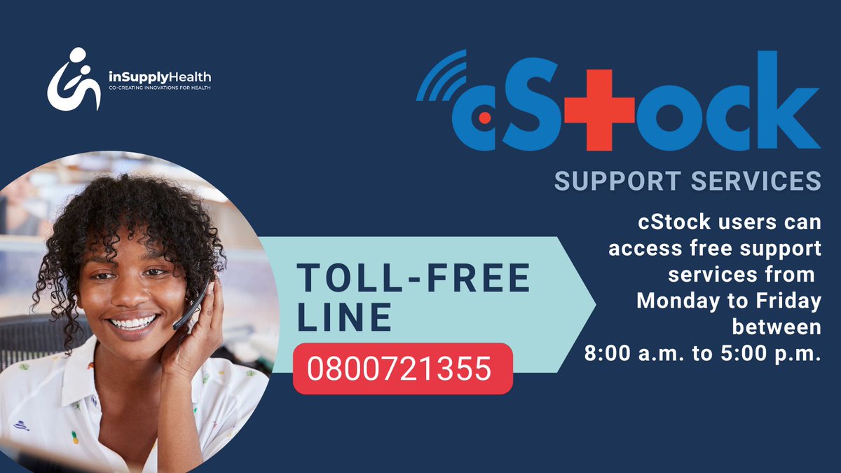 inSupplyHealth's tweet photo. With the new toll free line, you don't have to struggle in capturing and reporting your data. Get real time help on cStock from anywhere. Talk to our call centre assistant today and get the issue sorted. #cStock #DataUse

More info👇
https://t.co/SYLH98tQX4 https://t.co/i82MwEhkBX