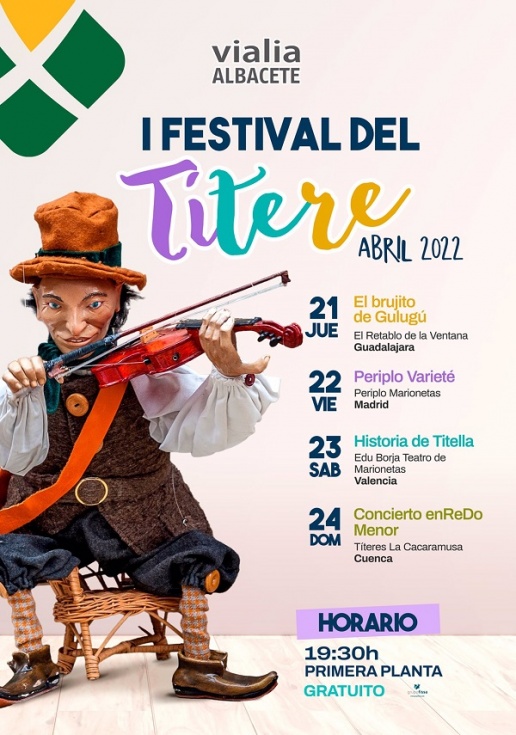 Festival del Títere en la estación de <a href="/Adif_es/">Adif</a> Albacete Los Llanos  después de la representación de ayer de El brujito de Gulugú, hoy <a href="/PeriploMarionet/">Periplo Marionetas</a> ofrece Periplo Varieté, el sábado Edu Borja representa Historia de Titella y el domingo, <a href="/TcacaramusaT/">Títeres Cacaramusa </a>, Concierto enREDO Menor