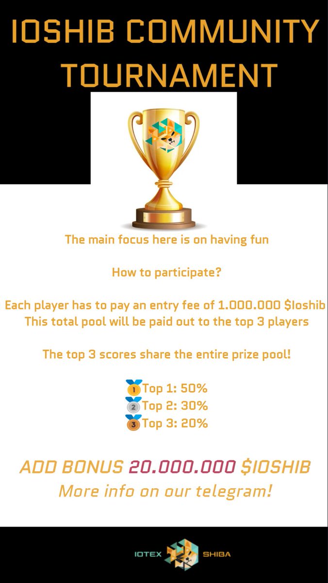 First edition of the community contest 🏆
guaranteed reward for the best scores! 👌

Join us ! -> t.me/iotexshiba

#Concours #Contest #PlayToEarn #tournament #community #IoTeXShiba $IoShib #MachineFi $IOTX 
@IoTeX_Community @IoTeXShiba #GameFi #NFTCommunity  #HiddenGems