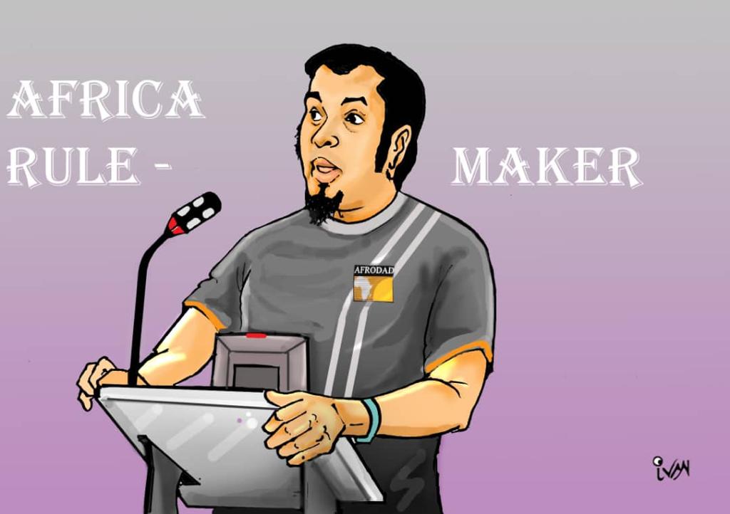 #FridayVibes.  Ivan the cartoonist (@ivansenyo)  who was part of #AFROMEDI2 last month, has put his creativity to work. Can you tell who the person on the image is? Have a pleasant weekend.
#AfricaRuleMaker