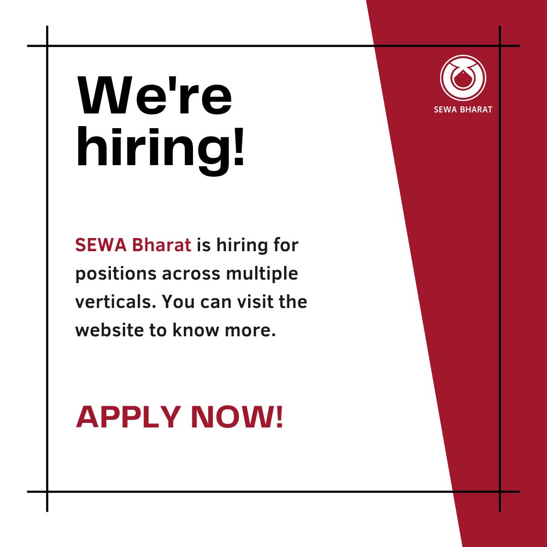 SEWABharat's tweet photo. We're excited to announce multiple job opportunities with #sewabharat. If you are interested to join one of the largest movements in India for informal women workers, then visit our website to know more and apply!
Link - https://t.co/4aOzMzzGmt
#developmentsectorjobs #Jobs https://t.co/1FC7eleygs