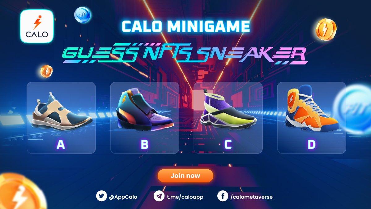 [NOW] MINIGAME: GUESS NFTS SNEAKER 👉 Comment below the name of each NFTs in the picture. Make your own guess because Calo has never revealed any pictures of these NFTs. ⏰ Duration: 3PM UTC 22.04.2022 - 3PM UTC 23.04.2022 🤑 Reward: Shuyt, it’s a secret! #Calo #Move2Earn