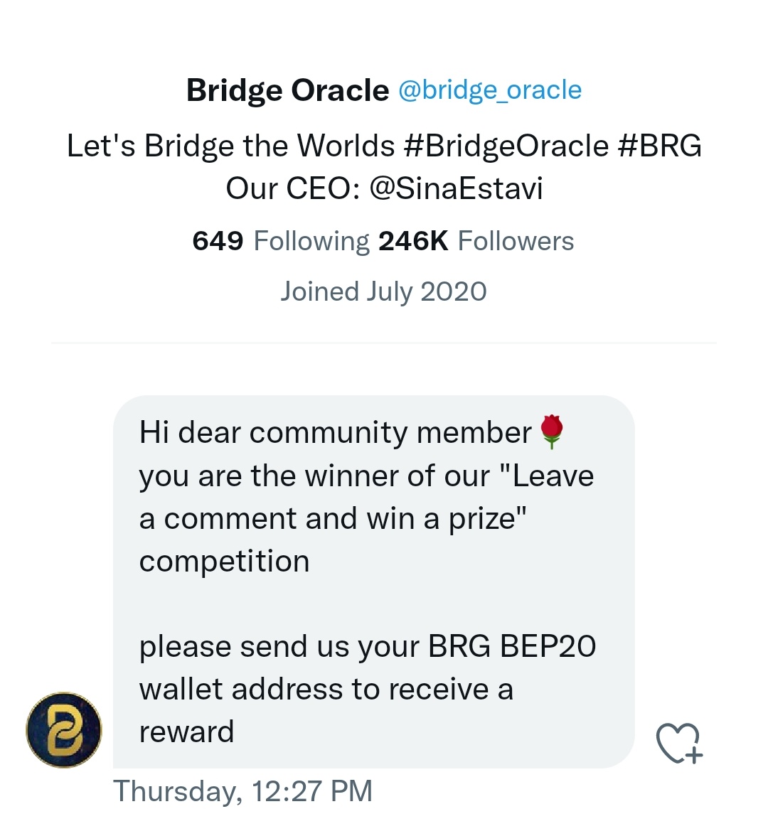 I was not really ready to get such a sudden message from <a href="/bridge_oracle/">Bridge AI</a>. I have been with BRG from the beginning, my love for BRG has not diminished but has increased.  @sinaEstavi is starting great.They thought it was all over but waiting for something better. #BRG #BRGArmy