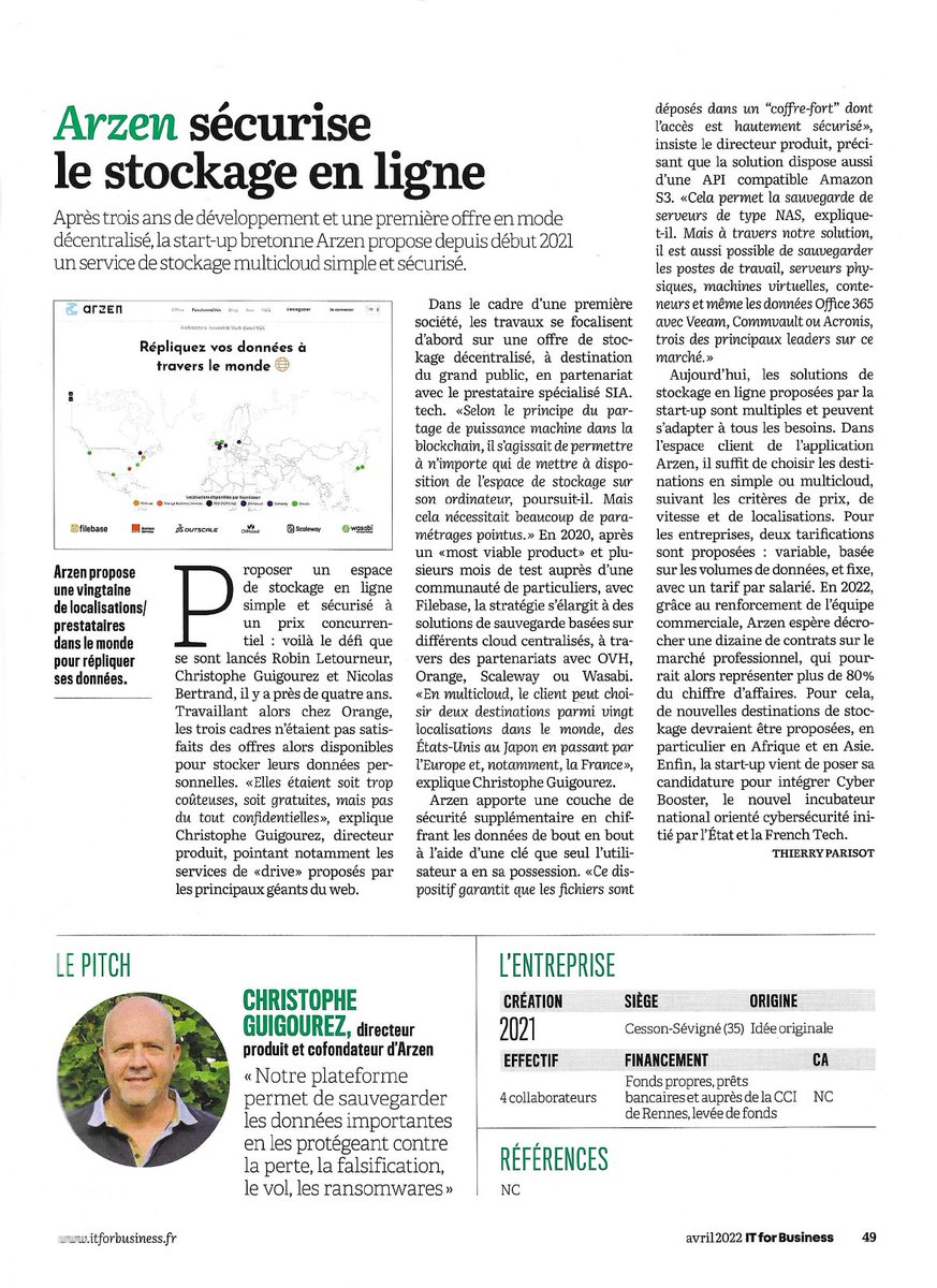 cguigourez's tweet photo. @arzenHQ fait l'objet d'un article dans le magazine IT For Business du mois d'avril. Merci  à @ITforB et @ParisotTh pour cette mise en avant 👍#cybersécurité #cloud https://t.co/lOWSym1uQO