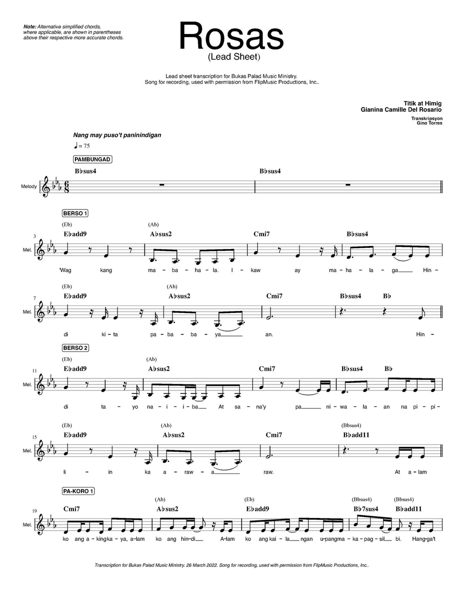 appliedmaths's tweet photo. Sharing this "Rosas" lead sheet on Twitter, with the melody, piano chords, and simplified chords, transcribed by Bukas Palad's Gino Torres. Tara na at makiawit sa Tinig Tumitindig! @BukasPalad
PDF at https://t.co/HwhUcmjbK9
#IpanaloNa10ParaSaLahat #bp35 #tinigtumitindig https://t.co/I87rnfKFpC