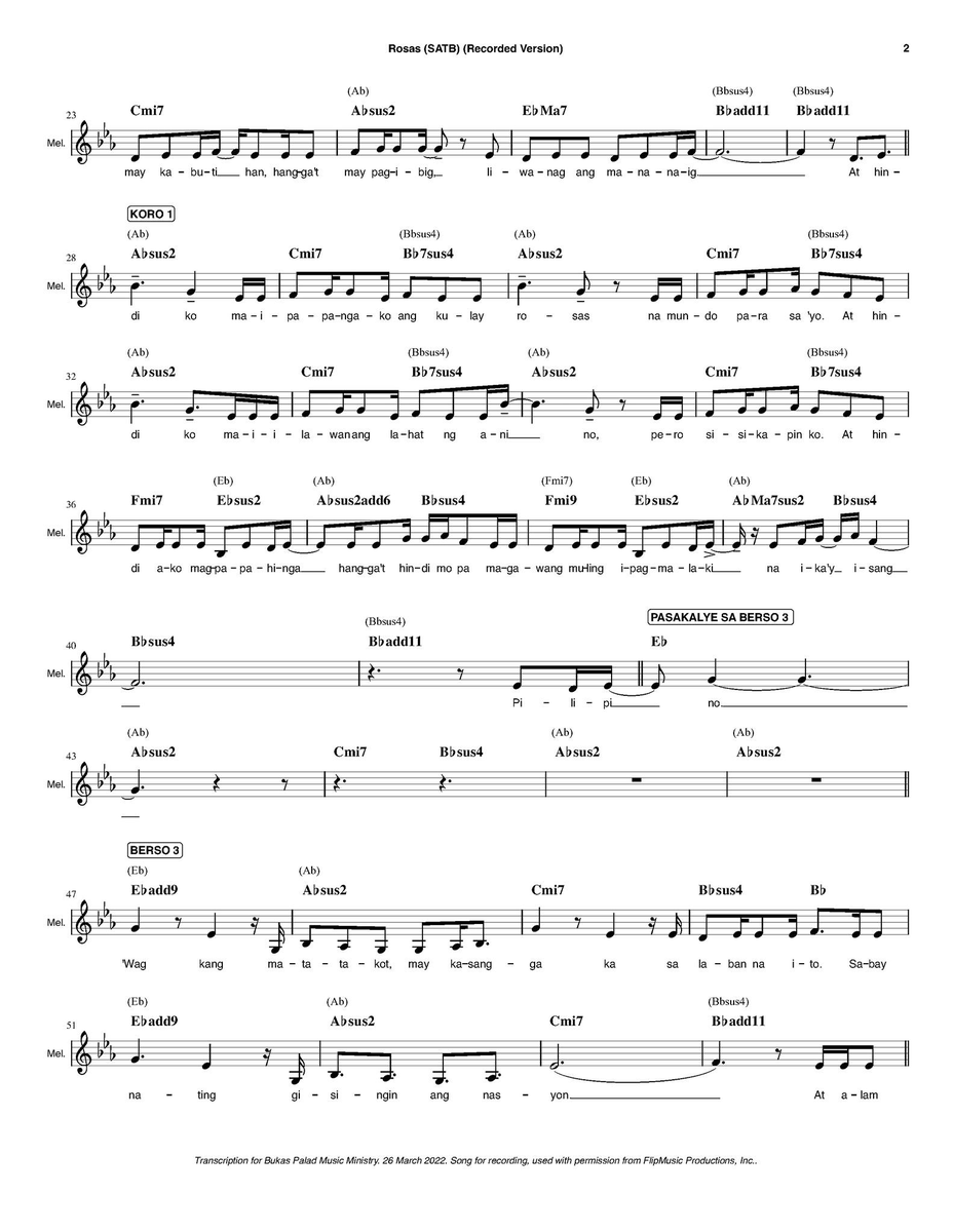 appliedmaths's tweet photo. Sharing this "Rosas" lead sheet on Twitter, with the melody, piano chords, and simplified chords, transcribed by Bukas Palad's Gino Torres. Tara na at makiawit sa Tinig Tumitindig! @BukasPalad
PDF at https://t.co/HwhUcmjbK9
#IpanaloNa10ParaSaLahat #bp35 #tinigtumitindig https://t.co/I87rnfKFpC
