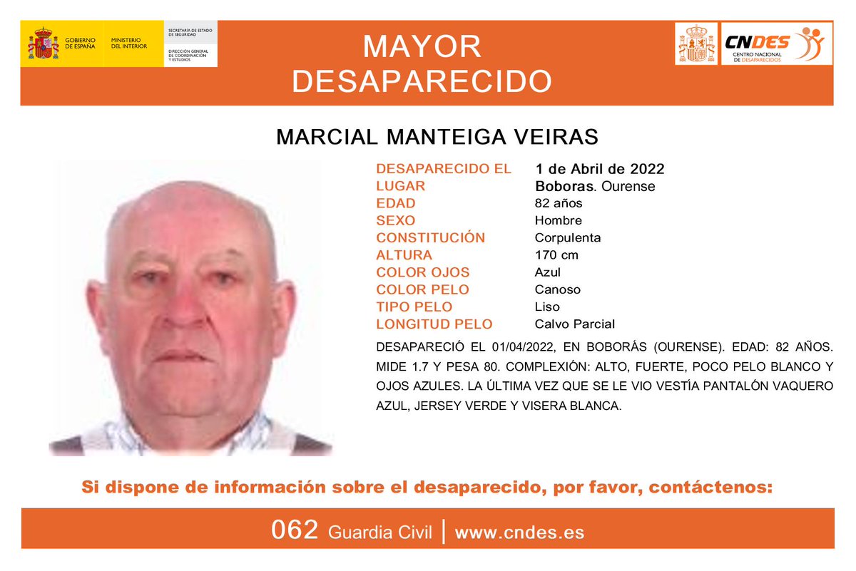 QSDglobal's tweet photo. SE BUSCA A MARCIAL MANTEIGA VEIRAS
Marcial tiene 82 años y está #desaparecido desde el pasado día 1 de abril en #Boboras #Ourense
🔶Si tienes información contacta con el📞062 @guardiacivil 
#TodosYTodoPorEncontrarlo https://t.co/9goTb83EwA