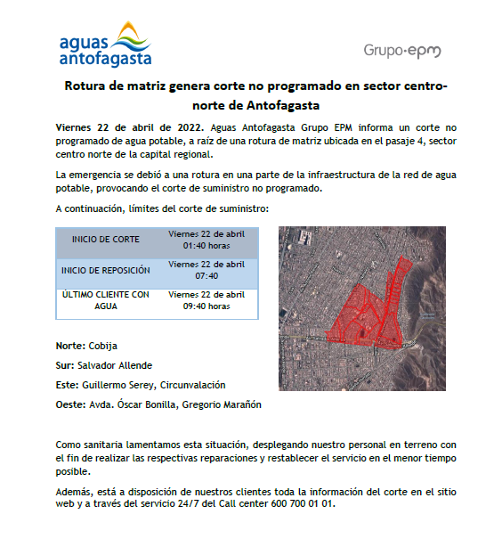 Aguas_Antof's tweet photo. Aguas Antofagasta informa corte #NoProgramado en #Antofagasta 
Más información aquí ⬇️ https://t.co/6rS3U5EjPQ