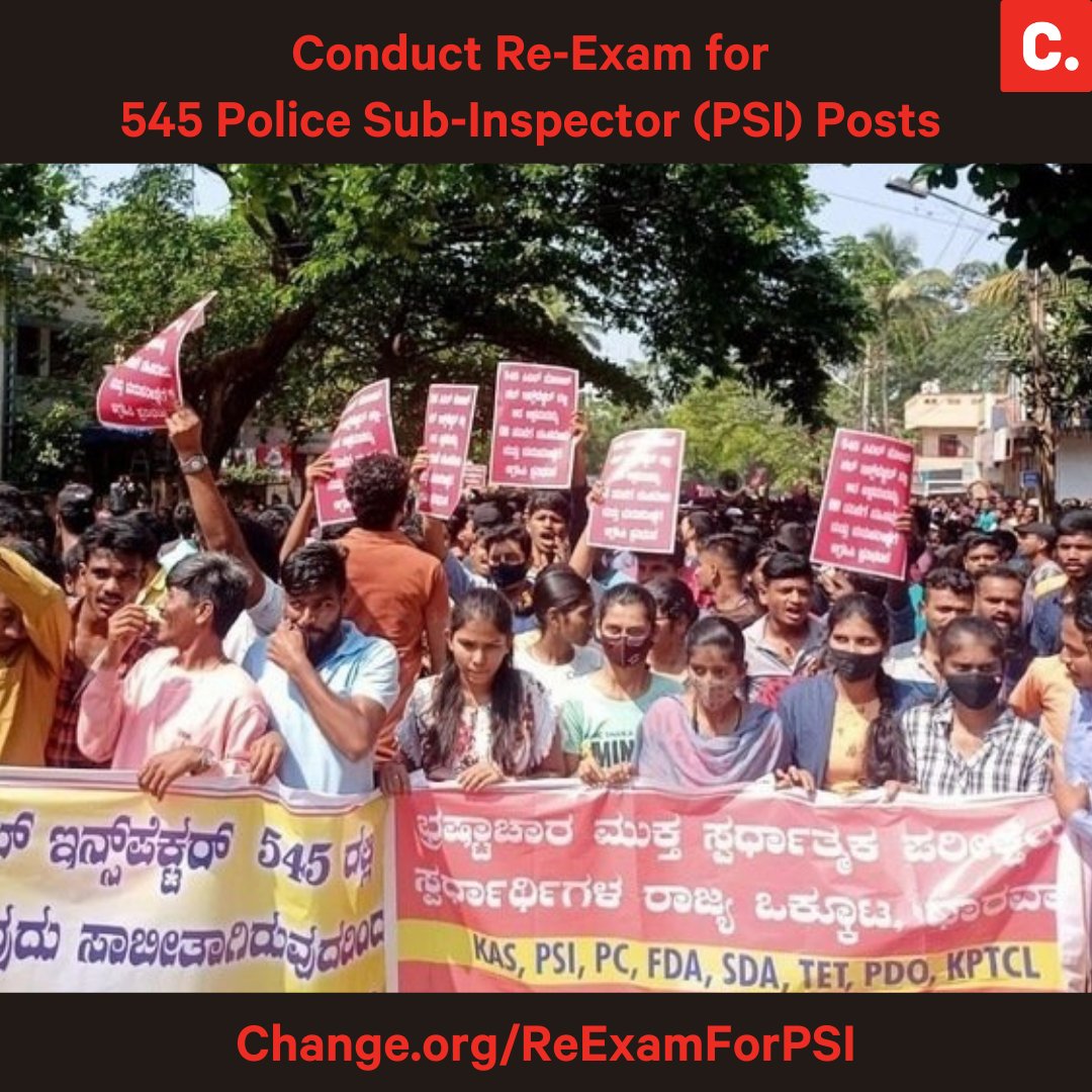 ChangeOrg_India's tweet photo. Requesting @BSBommai @CMofKarnataka to order re-exam for the 56000 Candidates of 545 Police Sub-Inspector (PSI) Posts #JusticeForCandidates
Sign - https://t.co/06DifYEf30 @Bhavyanmurthy https://t.co/29oN9DCkUg