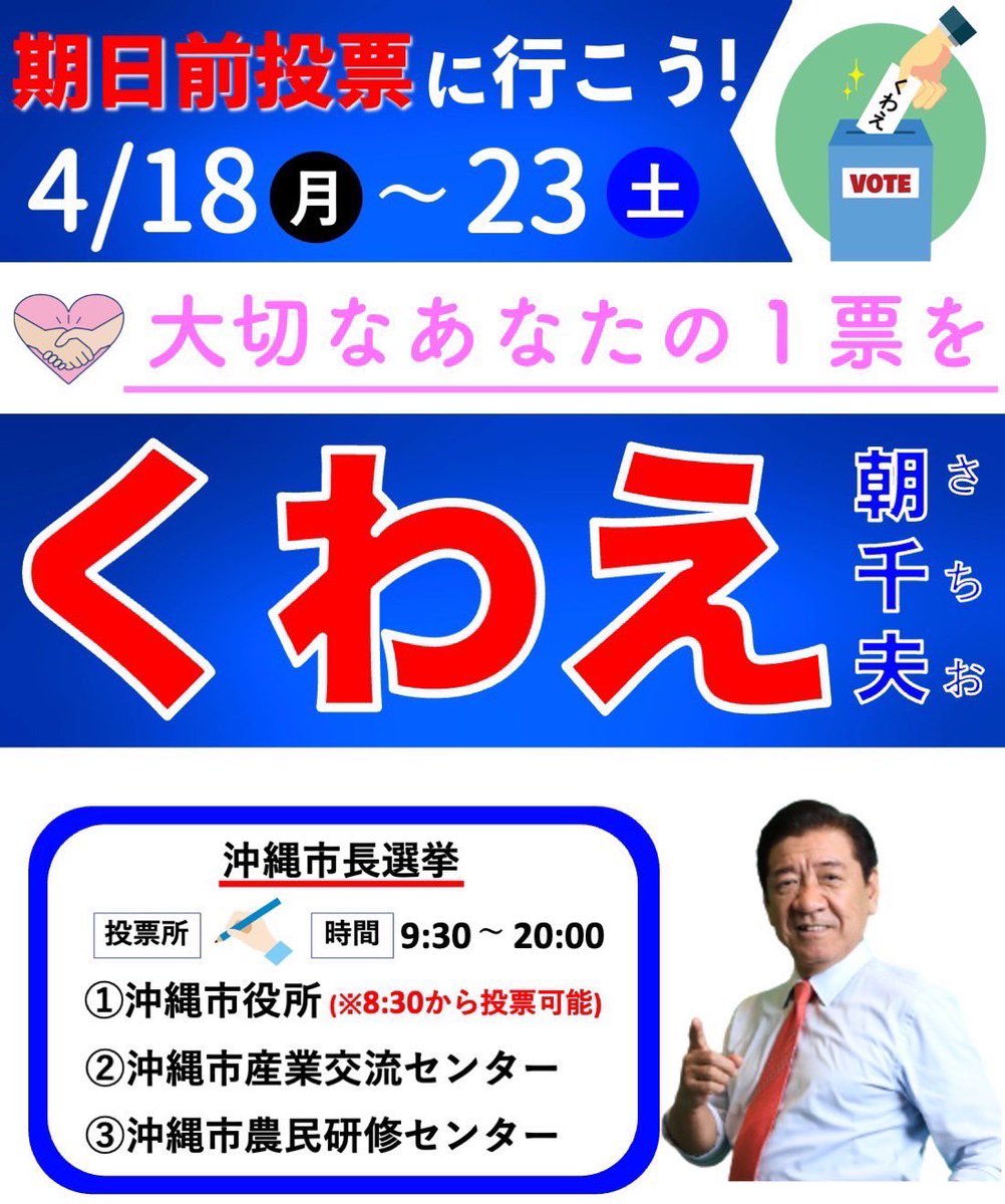 期
日
前
投
票
行
っ
た
？
🤔

今日も夜20:00まで「#期日前投票」ができます👍

🌟沖縄市役所
🌟沖縄市農民研修センター
#ちゃんぷるー市場 向かい
🌟沖縄市産業交流センター
泡瀬漁港内 #パヤオ 隣

お仕事帰りにぜひお立ち寄りください❗
#くわえ朝千夫 もう一歩あと一歩です🙏

#沖縄市長選挙
