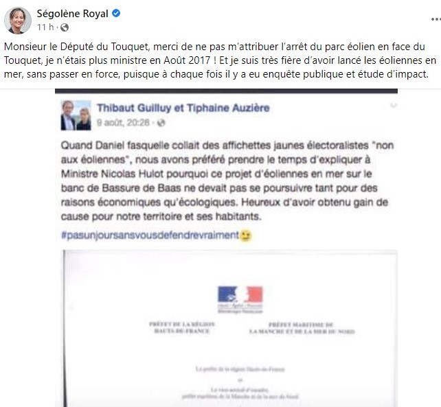 FabienBougle's tweet photo. Alerte ! 

Sur Facebook, @RoyalSegolene contredit le député du Touquet qui s'attribuait la fin des éoliennes au large de sa ville. Favorable à ce projet elle confirme que ce n'est pas elle qui a mis fin à ce projet mais bien son successeur donc sous le règne d'@EmmanuelMacron. https://t.co/CUa8cmtvkl