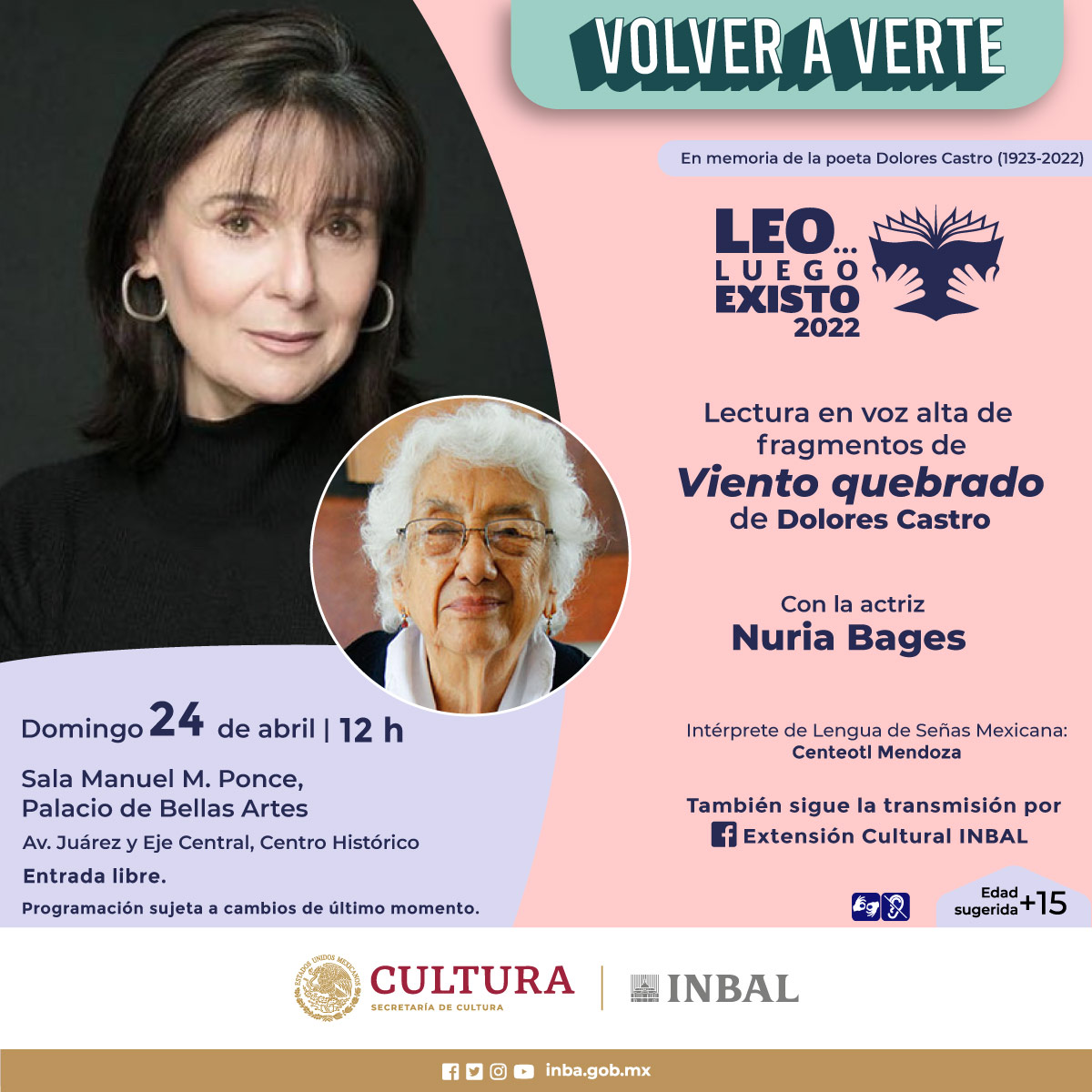bellasartesinba's tweet photo. En homenaje a la escritora y crítica literaria Dolores Castro, la actriz Nuria Bages leerá en voz alta una selección poética del libro "Viento quebrado", en el @PalacioOficial, como parte del ciclo ¡Leo… luego existo! de @ExtensionINBAL. 📚 👉 https://t.co/17dLkWbJNH https://t.co/oR74va5Knh