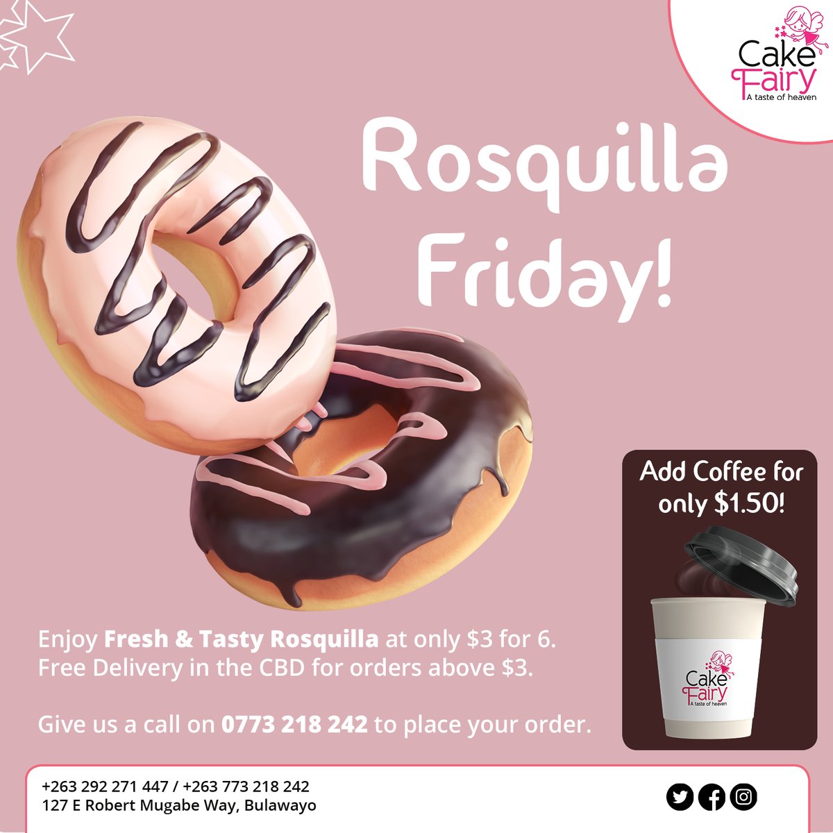 𝗜𝗧'𝗦 𝗥𝗢𝗦𝗤𝗨𝗜𝗟𝗟𝗔 𝗙𝗥𝗜𝗗𝗔𝗬! 
Enjoy Fresh &amp; Tasty Rosquilla at only $3 for 6. Free Delivery in the CBD for orders above $3.

Add a cup of Coffee or Tea from only $1.50!

Give us a call on 0773 218 242 to place your order. #cakefairyzim #rosquilla #friday #byo #vrzmb
