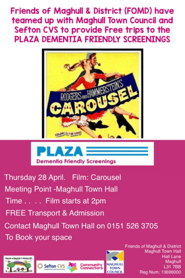 Free transport and admission to <a href="/PlazaCinema/">PlazaCinema</a> for people with dementia and their carers, details below #dementiafriendly <a href="/MaghullTownHall/">Maghull Town Council</a>