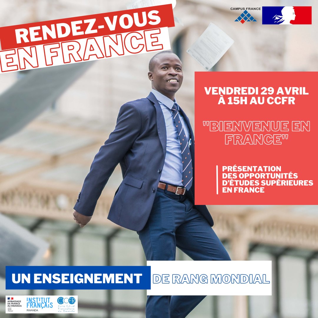 🤓 Etudier en France vous intéresse?
✔️ Participez à la présentation des opportunités d'études supérieures qui y existent grâce à <a href="/CampusFrance/">Campus France</a> 

🗓️ Vendredi 29 avril à 15h
📍 <a href="/IF_Rwanda/">Institut Français du Rwanda</a> 
💸 #Gratuit

#étudierenFrance #campusFrance #études #bienvenueenfrance