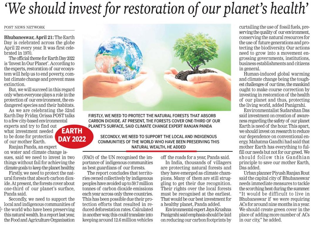 Two primary investments to achieve #ClimateGoals for a healthy #Planet : 1. Invest in carbon absorbing #NaturalForests & 2. Support their true guardians, #IndigenousCommunities.  Read my views quoted extensively in this @OrissaPOSTLive article on #EarthDay 

#EarthDay2022