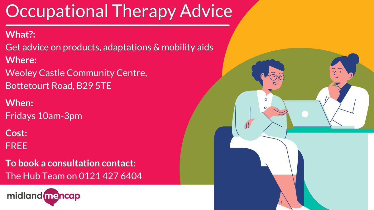 MidlandMencapUK's tweet photo. Is your health making every day life difficult? 

Occupational Therapists can help you with strengths and difficulties you have in life, like getting dressed or getting to the shops.  They will help you find practical solutions! 

Drop in for FREE #advice every Friday! https://t.co/Umm9MnZOHT
