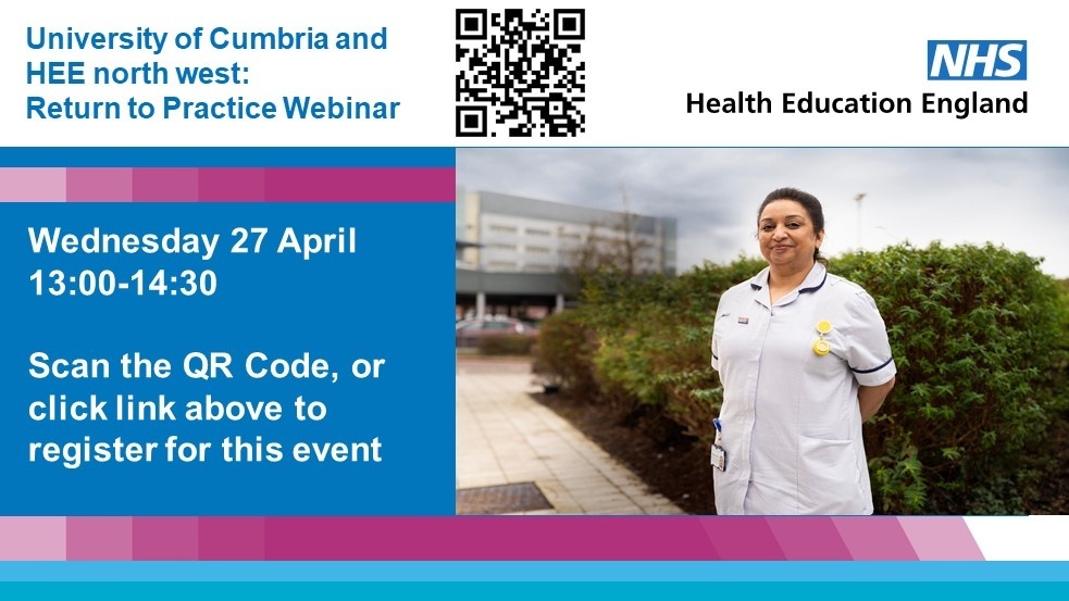 NHSHEE_NWest's tweet photo. Are you a #nurse or a #midwife who has left the #NMC and are interested in returning? Register now for the 'University of Cumbria and HEE north west: Return to Practice Webinar', 27 April 2022. @CumbriaUni @nmcnews 
Further details and sign up here 👉 https://t.co/RECpuDk54R https://t.co/P3NE5H3ZKM