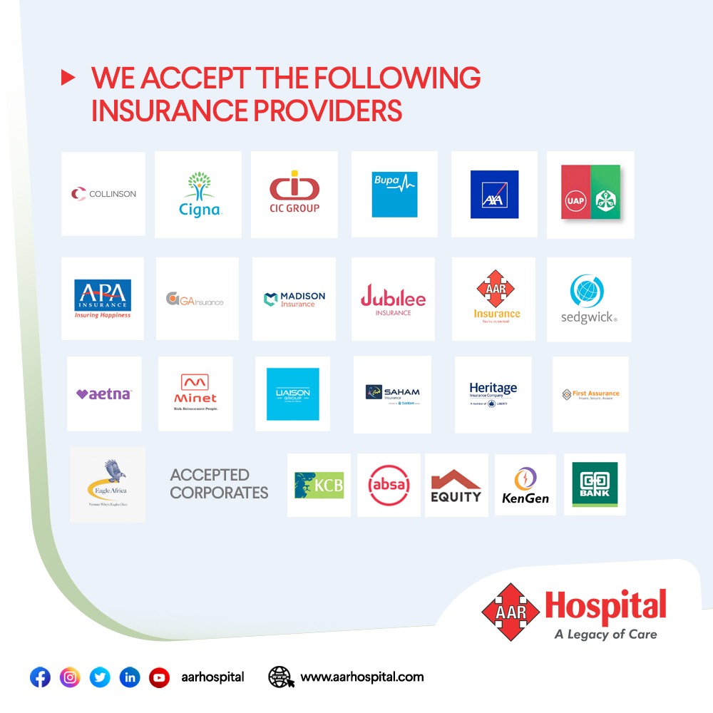AarHospital's tweet photo. Are you covered by medical insurance?
We have on board several insurance partners. If you don't see  your insurance provider kindly let us know on the following link https://t.co/vG9rhPjAOs

#aarhospital #alegacyofcare #medicalcover #insurancecovers #healthcovers #insurances https://t.co/vzwd12nvKZ