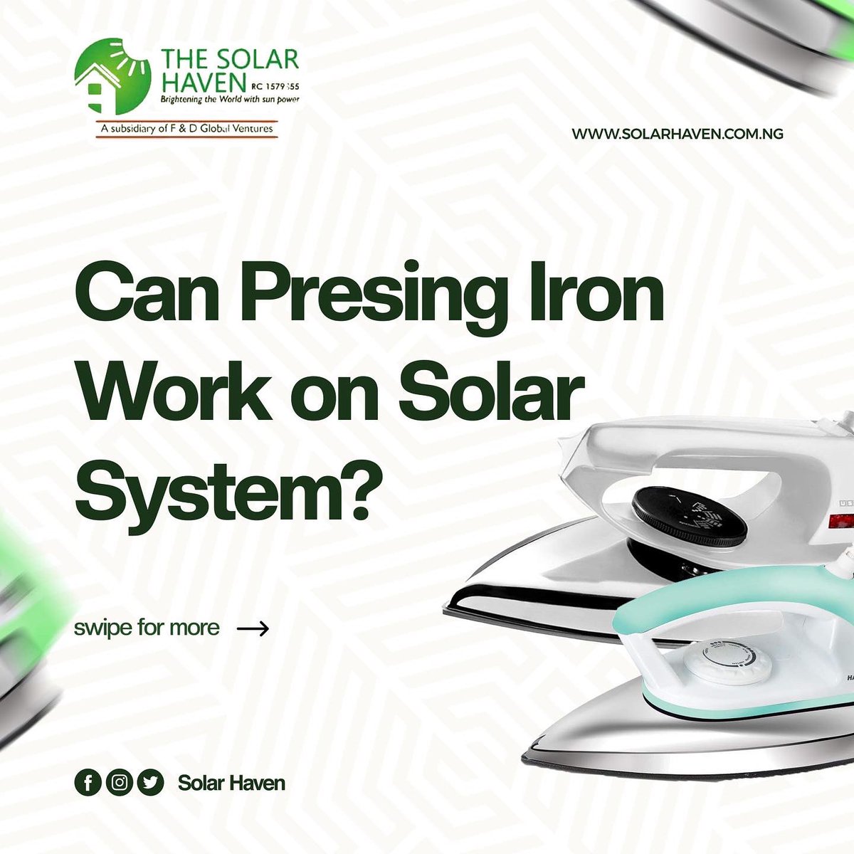 TheSolarHaven's tweet photo. Yes …Yes…Yes 👍 
In Our Quest to Bring User Satisfaction To our Clients Solar System , We Introduce an Energy Efficient Pressing Iron , Normally Iron are one of the Energy Draining Appliances on Solar Systems and They are Usually not Advisable to use .
#lekki #obinna https://t.co/mp0bcyQm3A