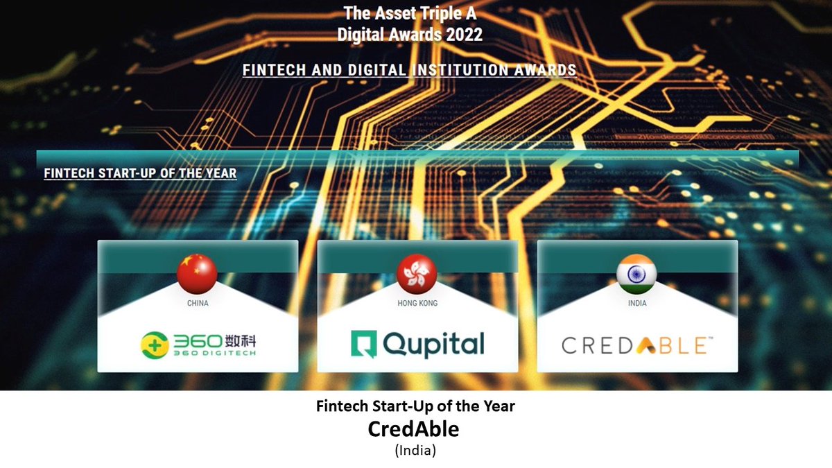 We’ve got some BIG news! 🏆🎉
CredAble has been recognised as the ‘FinTech Startup of the Year’ by The Asset Triple A Digital Awards 2022. 
An ‘InCredAble’ moment for all of us and we’re raring for more such milestones
🔗lnkd.in/gZDEhh59

 #FinTechAwards #Fintechoftheyear
