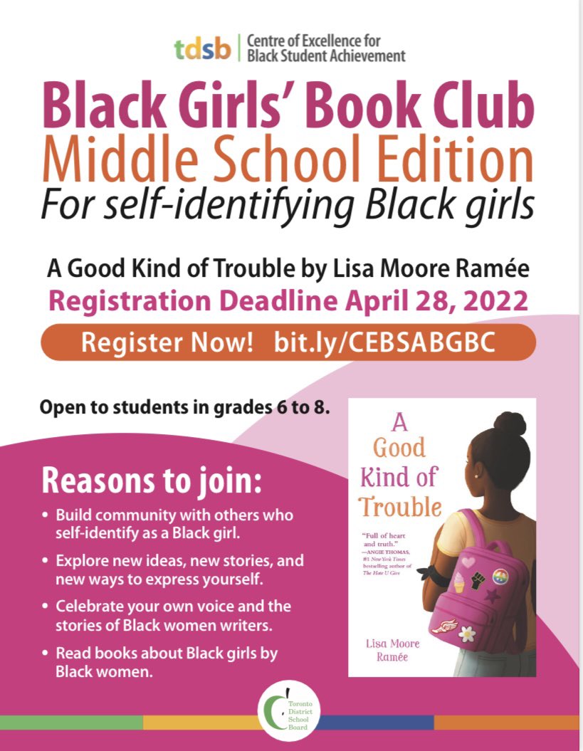 Coming soon! The Black Girls’ Book Club Middle School Edition. Self-identifying Black girls will gather to build community, explore new stories and new ways of self-expression.

TDSB students can login &amp; register at bit.ly/CEBSABGBC

#tdsbcebsa #tdsb <a href="/tdsb/">Toronto District School Board</a>