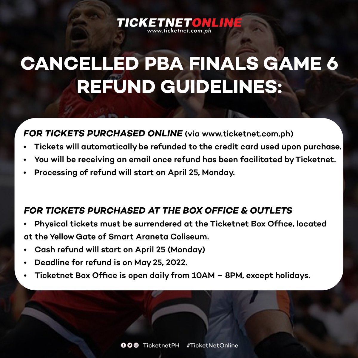 TicketNetPH's tweet photo. To all #PBA fans, please take note of the refund guidelines of cancelled PBA Game 6 finals. #TicketNetPH @pbaconnect https://t.co/Ue9LoezLi2