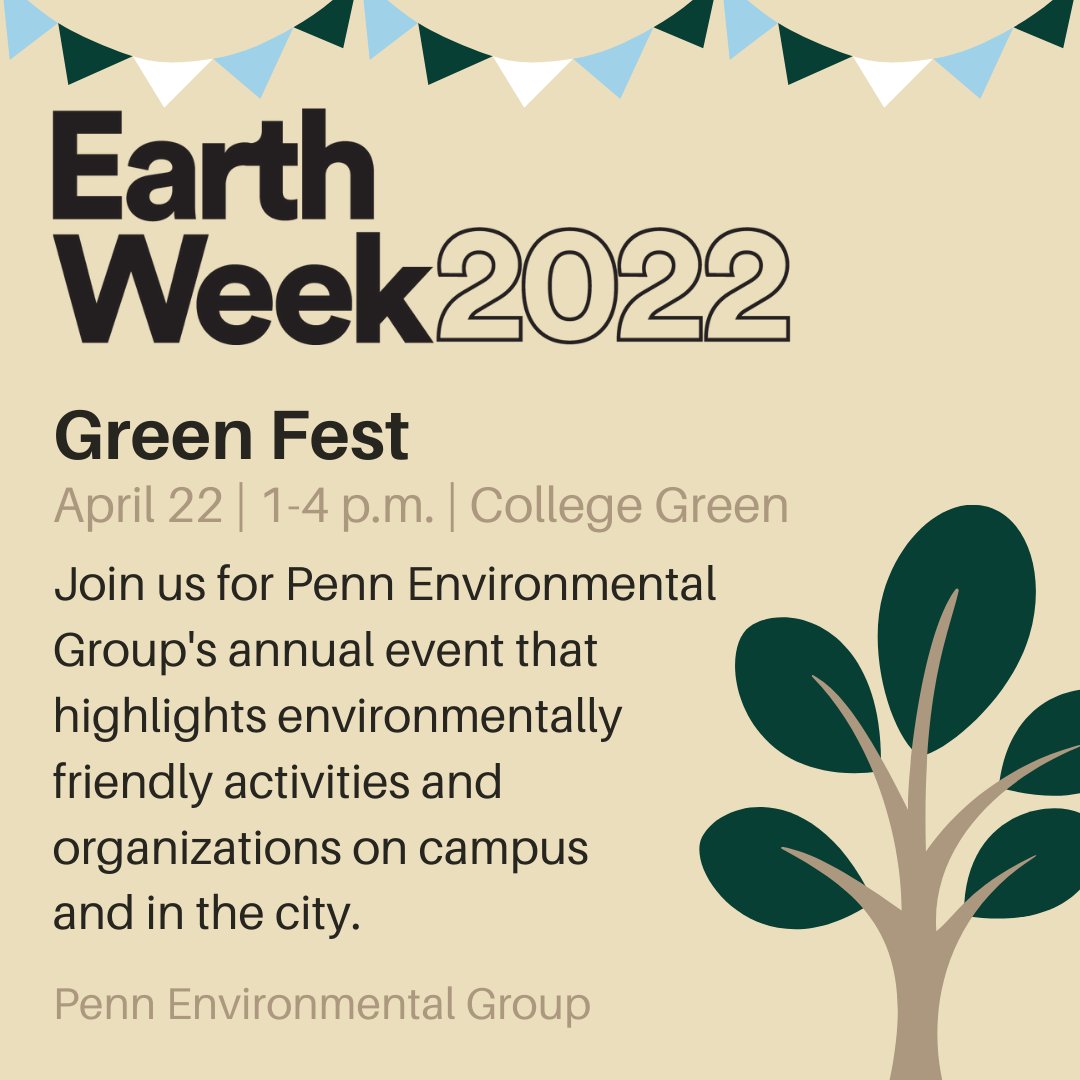 GreenPenn's tweet image. Happy Earth Day!

GREEN FEST IS TODAY ON COLLEGE GREEN! Penn Environmental Group’s annual event highlights environmentally-friendly activities and organizations on campus and in the city. Stop by for interactive tables and to learn how to get involved on campus! #EarthWeek2022