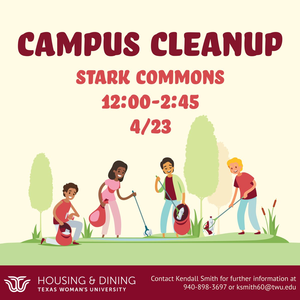 TWUHousing's tweet photo. Celebrate Earth Day this Saturday at the Campus Cleanup and Sustainability Fair!
Campus Cleanup starts at Stark Commons at noon on April 23. At 3 PM, return to Guinn Commons to learn about purpose-driven sustainability at the Sustainability Fair.
#txwomans #twuevents #earthday https://t.co/ZXHLCmVbK9