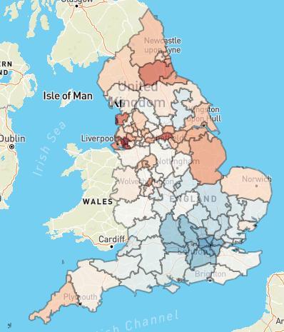 Jon_LondonNHS's tweet photo. Recently updated from those guys @openprescribing 
Prescribing of #opioids (total oral morphine equivalence per 1000 patients) by CCG:
https://t.co/wQ1ziyjnAL
Look at that variation from North-South. https://t.co/obyj0b97Qa