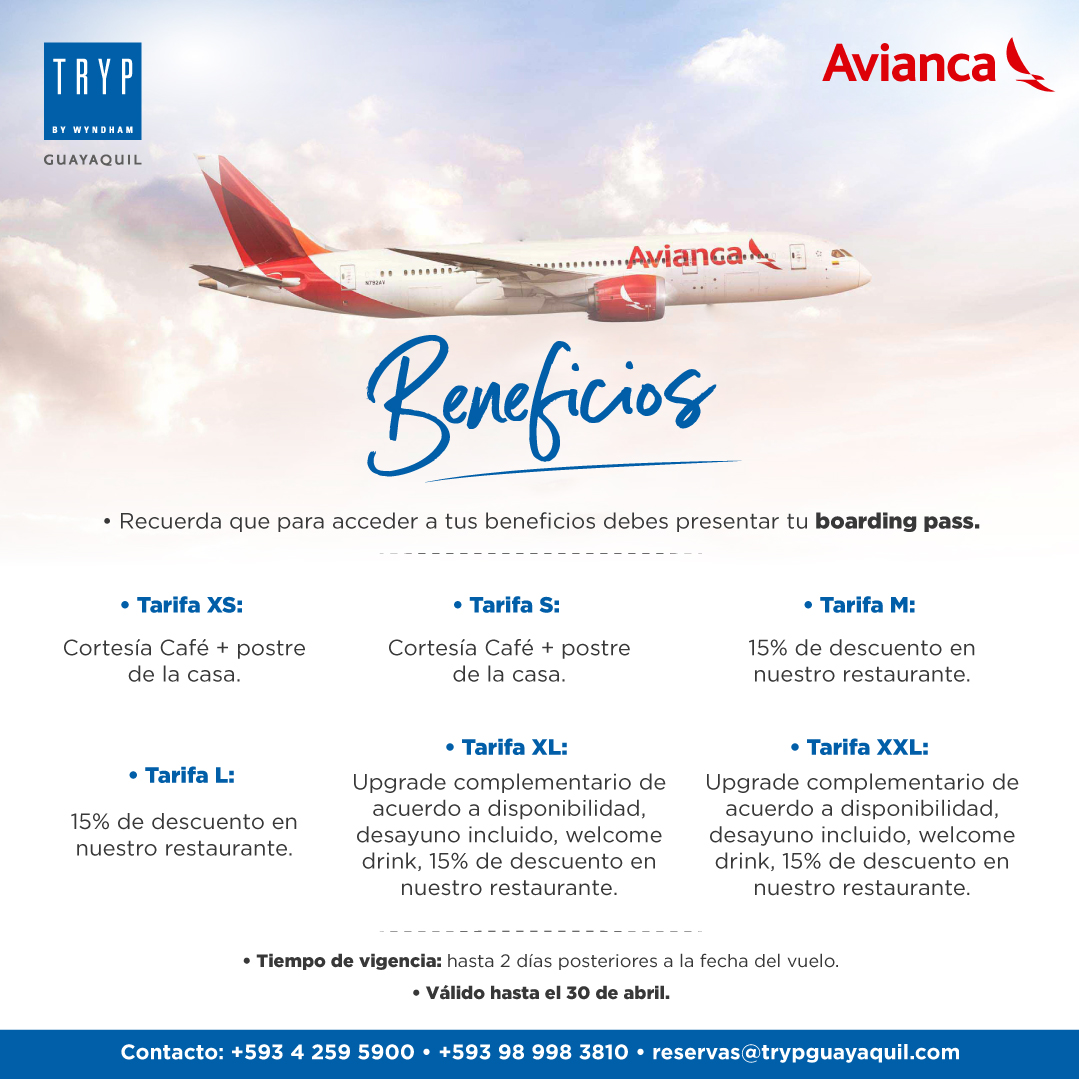 ✨¡¡Presenta tu boarding pass🛫 de <a href="/Avianca/">avianca</a> y obtén GRANDES BENEFICIOS✈️!! Para mayor información: 0989983810📲
*Tiempo de vigencia: hasta 2 días posteriores a la fecha del vuelo.
*Promoción válida hasta el 30 de abril.
