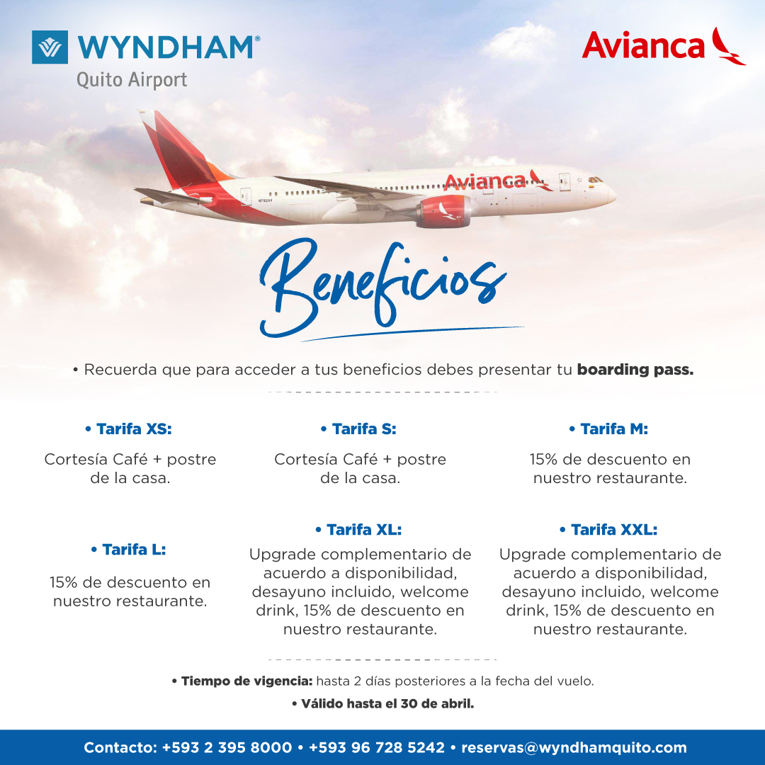 ✨¡¡Presenta tu boarding pass🛫 de <a href="/Avianca/">avianca</a> y obtén GRANDES BENEFICIOS✈️!! Para mayor información: 0967285242📲
*Tiempo de vigencia: hasta 2 días posteriores a la fecha del vuelo.
*Promoción válida hasta el 31 de abril.